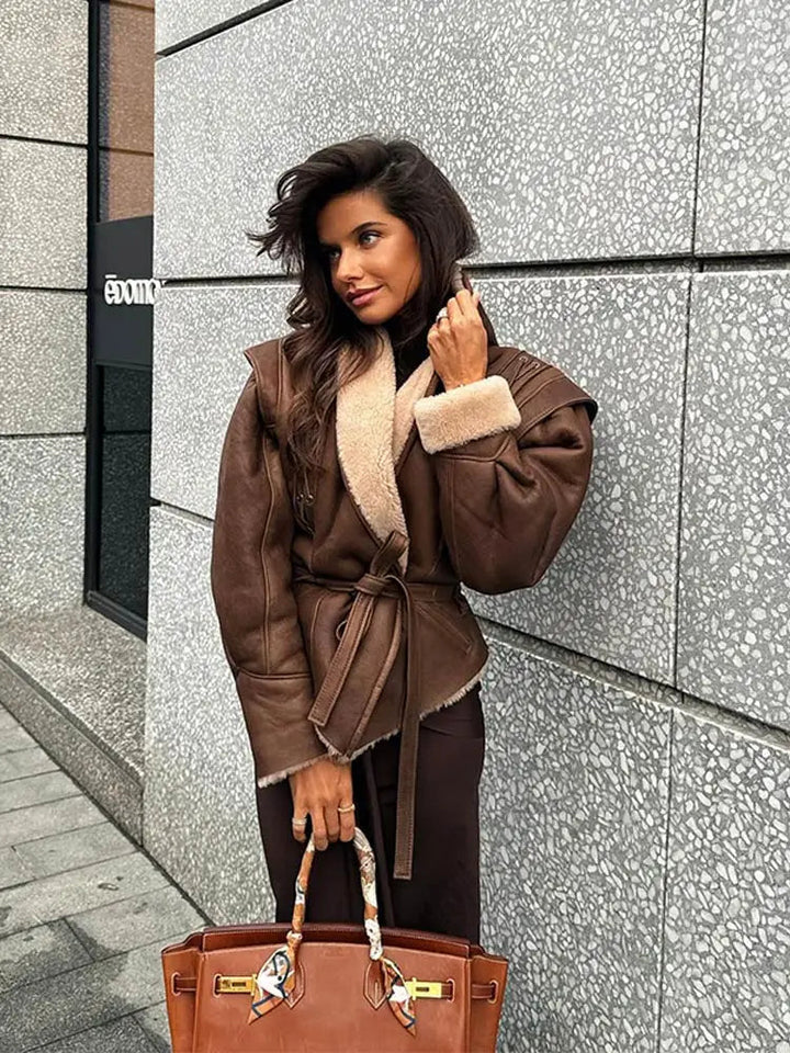 Drune | Lederjacke Braun Gürtel Futter Aus Pelz Lederjacke Damen Lederjacke