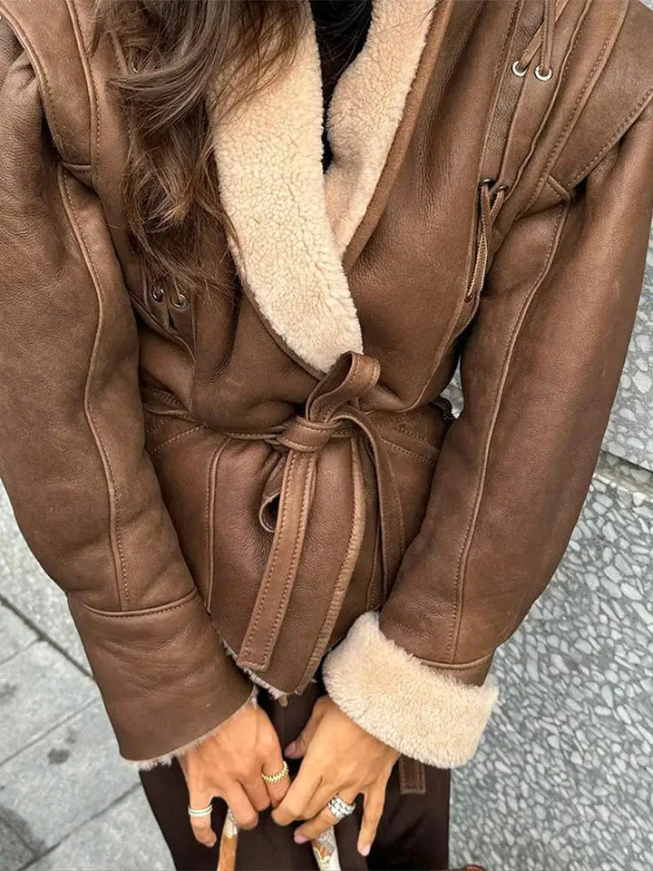 Drune | Lederjacke Braun Gürtel Futter Aus Pelz Lederjacke Damen Lederjacke
