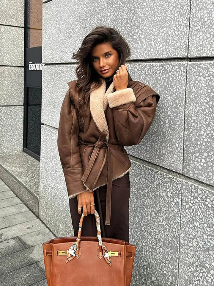Drune | Lederjacke Braun Gürtel Futter Aus Pelz Lederjacke Damen Lederjacke