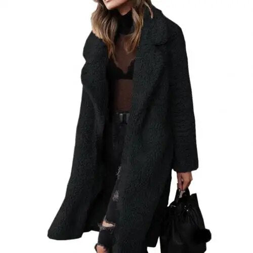 Drune Plüsch Warm Strickjacke Revers Langarm Midimantel