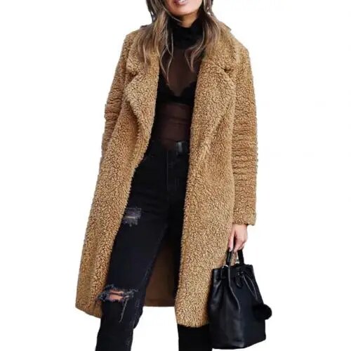 Drune Plüsch Warm Strickjacke Revers Langarm Midimantel