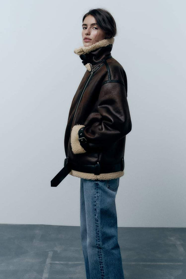 Drune | Übergröße Sherpa Fleece Leder Motorradjacke für Damen