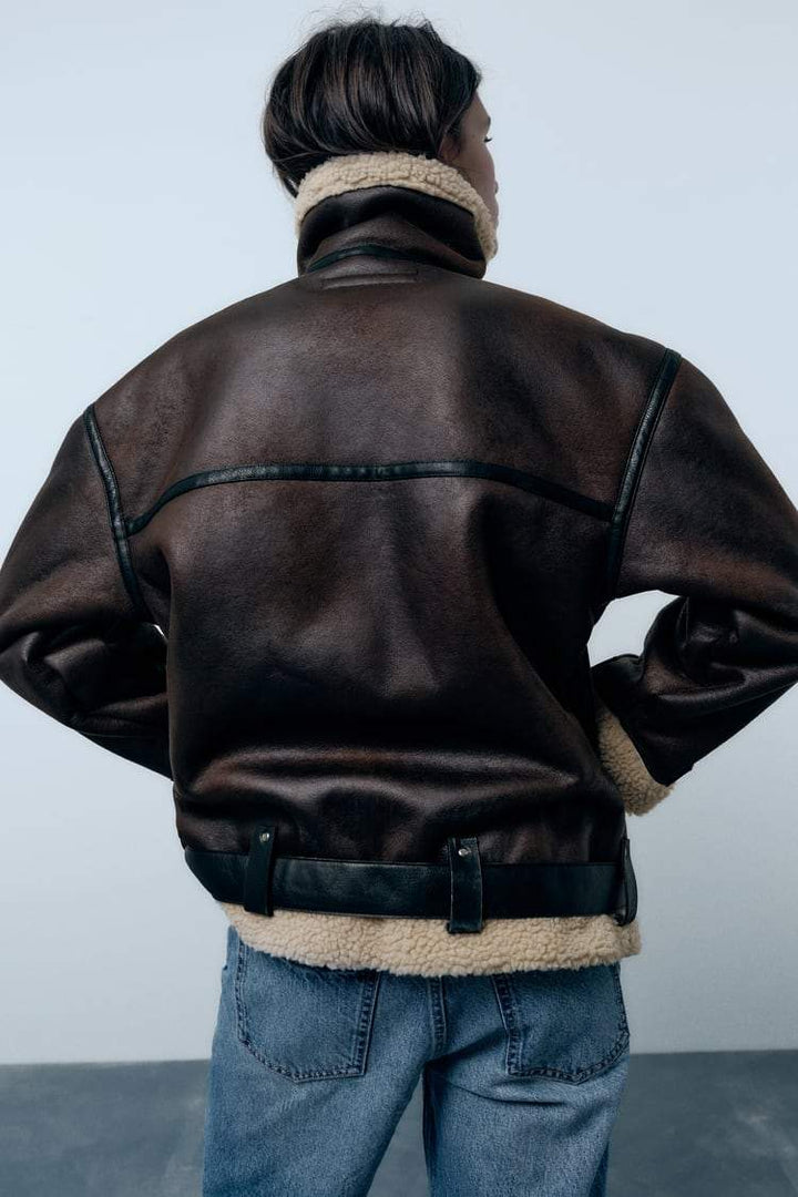 Drune | Übergröße Sherpa Fleece Leder Motorradjacke für Damen