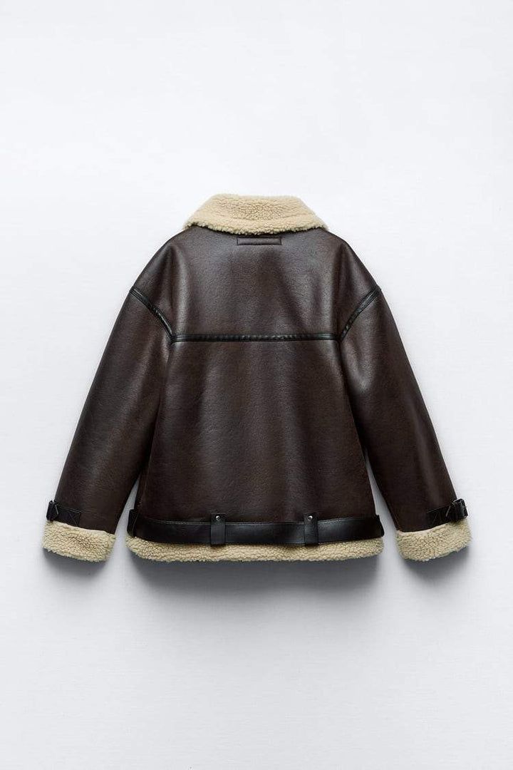Drune | Übergröße Sherpa Fleece Leder Motorradjacke für Damen
