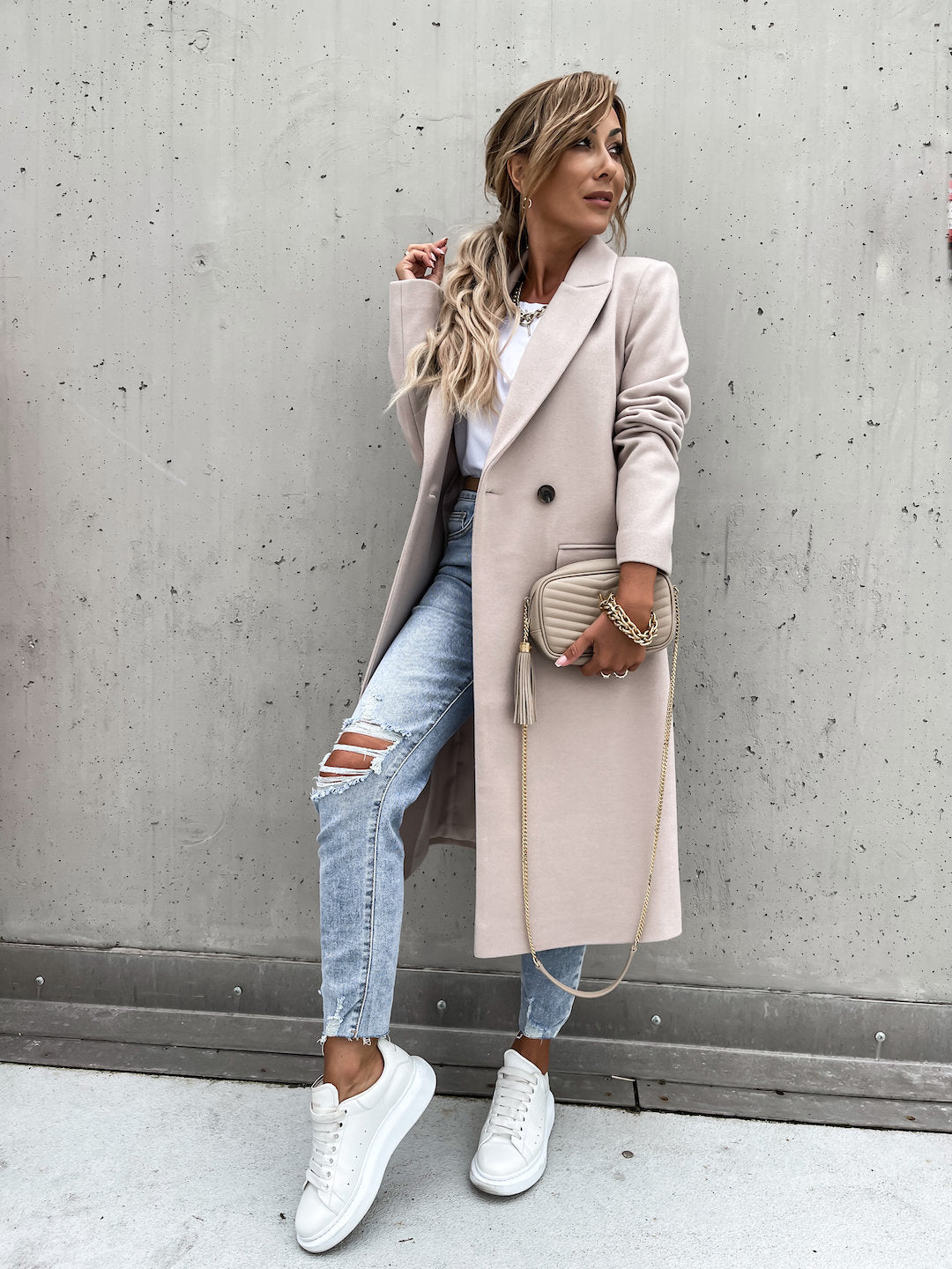 Drune | Trenchcoat Langer Doppelreihiger Wollmantel für Damen
