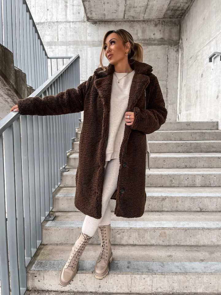 Drune | Langer Mantel - Weiches Teddy-Fleece - Kapuze & Knopfverschluss - Lockere Passform