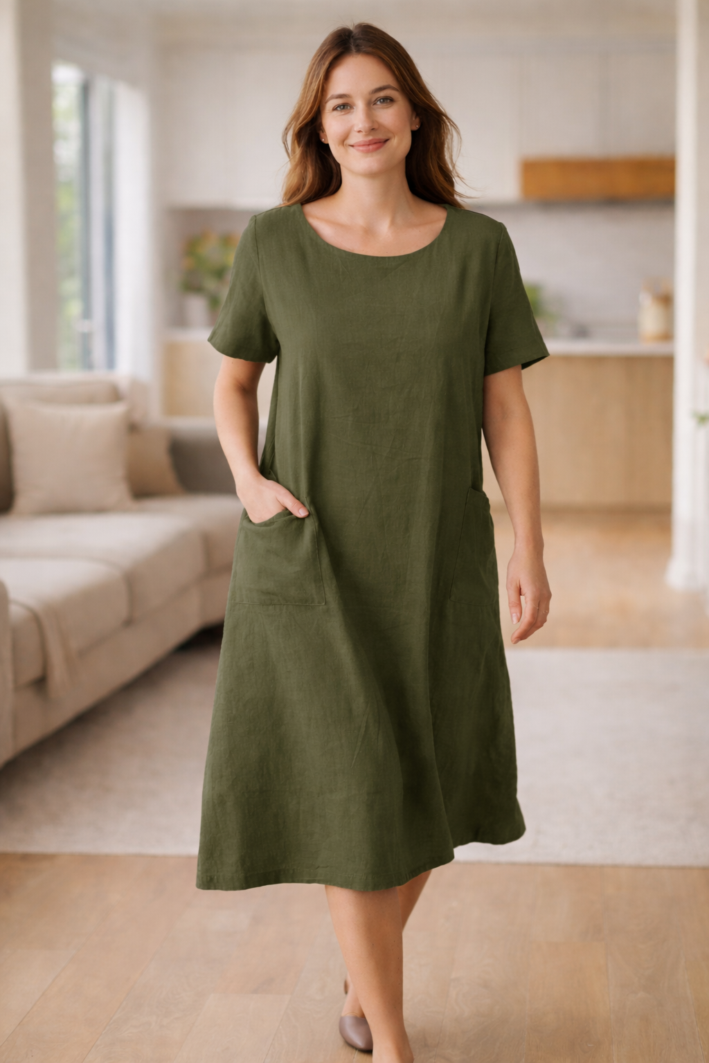 Sommerkleid Damen locker mit Taschen kurzarm