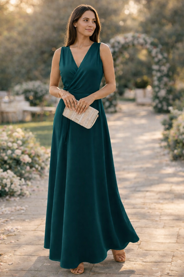 Drune Maxikleid Damen lang elegant V-Ausschnitt ärmellos