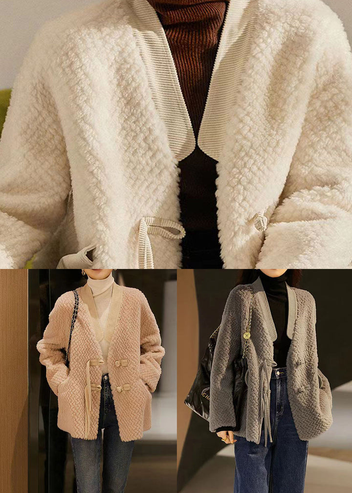 Drune | Beiger Quasten Chinesischer Knopf Patchwork Wollmäntel Winter