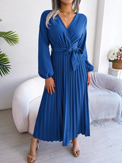 Drune - Damen V-Ausschnitt Plissiertes Maxikleid Langarm