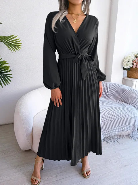 Drune - Damen V-Ausschnitt Plissiertes Maxikleid Langarm