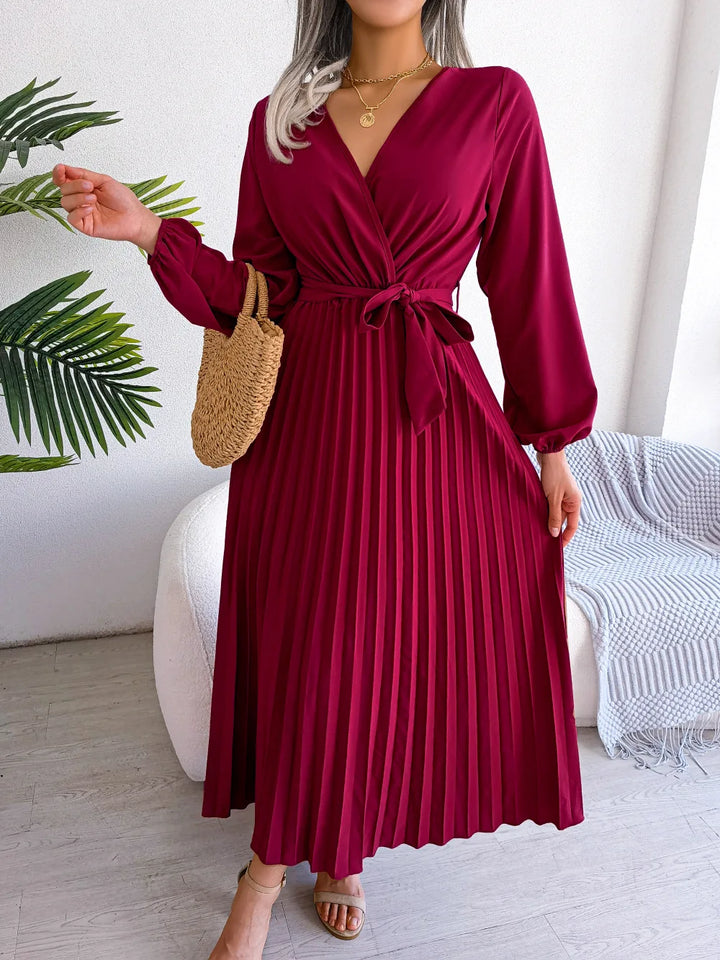Drune - Damen V-Ausschnitt Plissiertes Maxikleid Langarm