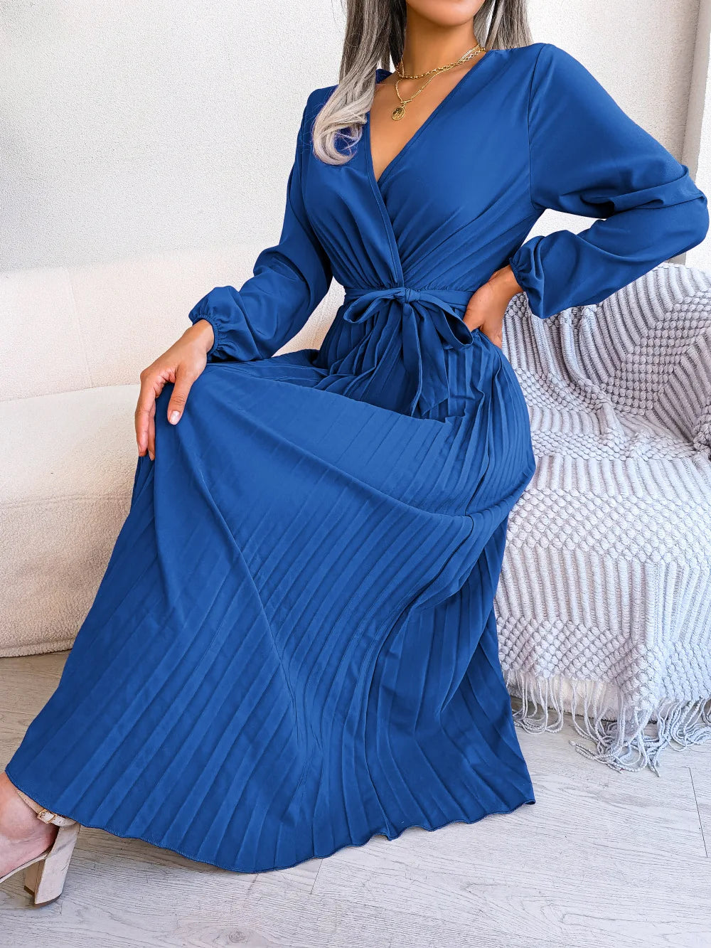 Drune - Damen V-Ausschnitt Plissiertes Maxikleid Langarm