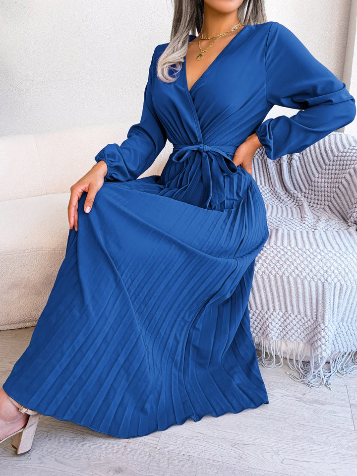 Drune - Damen V-Ausschnitt Plissiertes Maxikleid Langarm