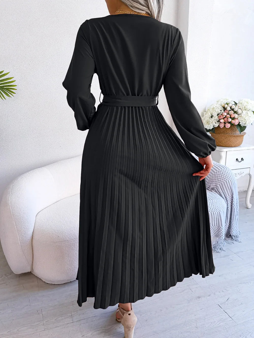 Drune - Damen V-Ausschnitt Plissiertes Maxikleid Langarm