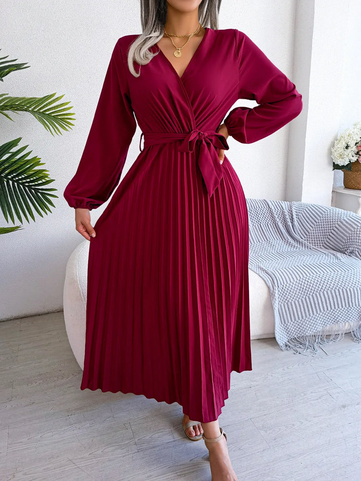 Drune - Damen V-Ausschnitt Plissiertes Maxikleid Langarm