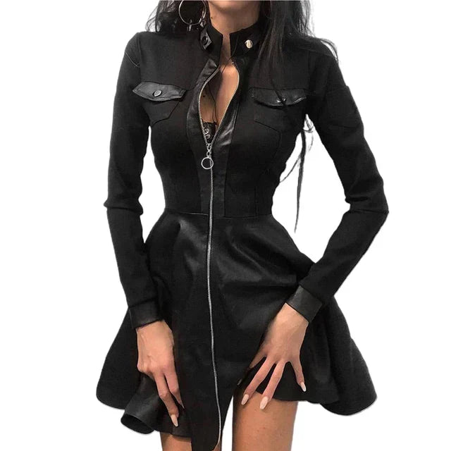 Drune | Stylische Kleid Aus Pu mit Langen Spitzenärmeln
