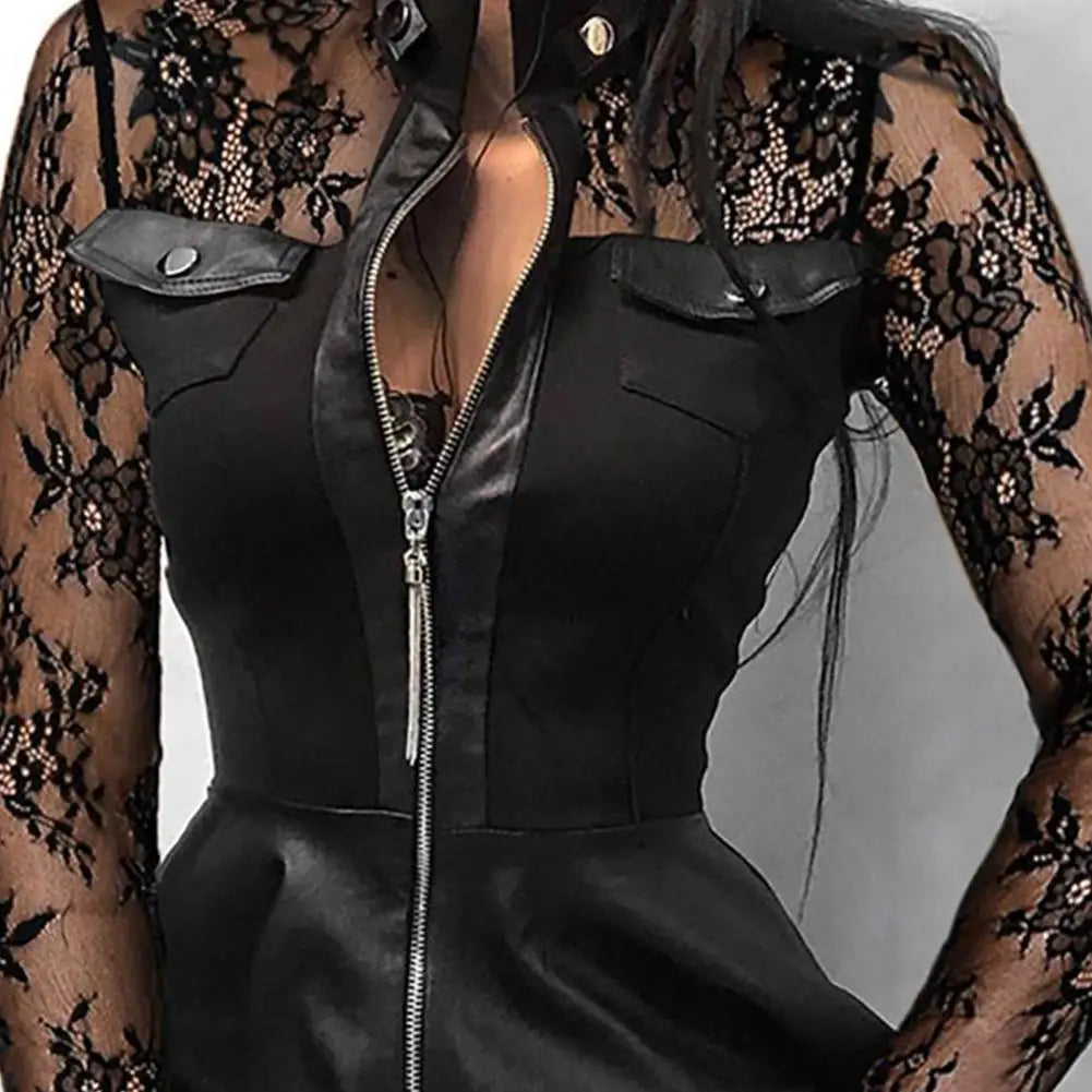 Drune | Stylische Kleid Aus Pu mit Langen Spitzenärmeln