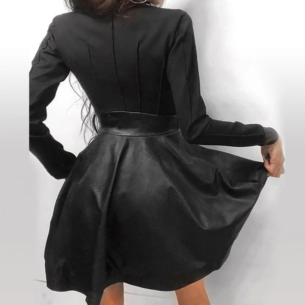Drune | Stylische Kleid Aus Pu mit Langen Spitzenärmeln