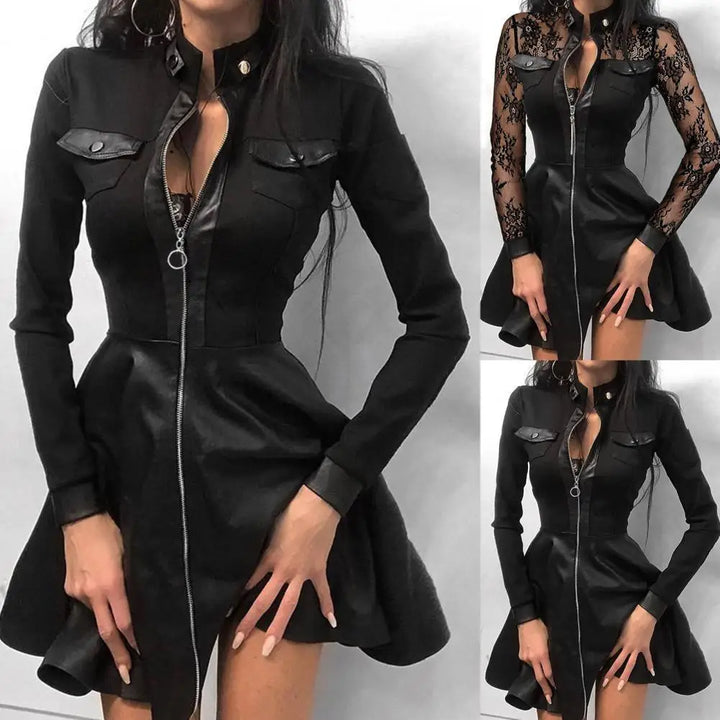 Drune | Stylische Kleid Aus Pu mit Langen Spitzenärmeln