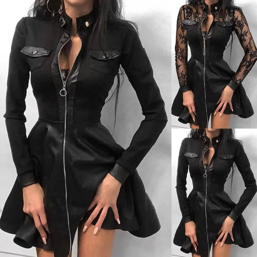 Drune | Stylische Kleid Aus Pu mit Langen Spitzenärmeln