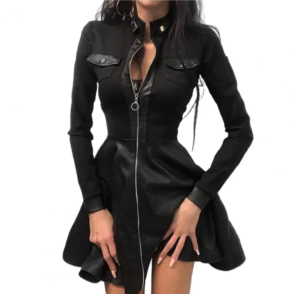 Drune | Stylische Kleid Aus Pu mit Langen Spitzenärmeln