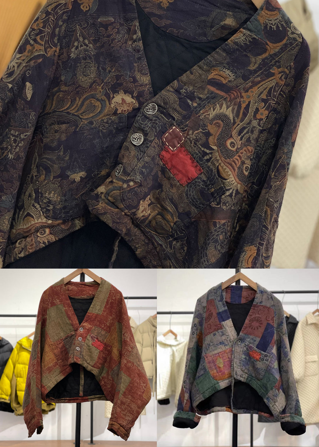 Drune | Orange asymmetrische Taschen Print Baumwolle gefüllte Wintermäntel