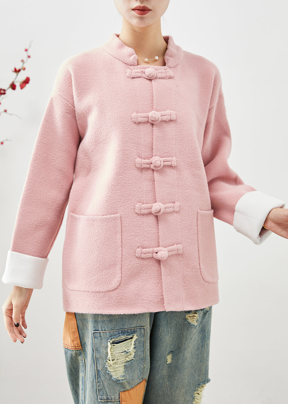 Drune | Pink Mandarin Kragen Chinesische Knopf Taschen Wollmäntel