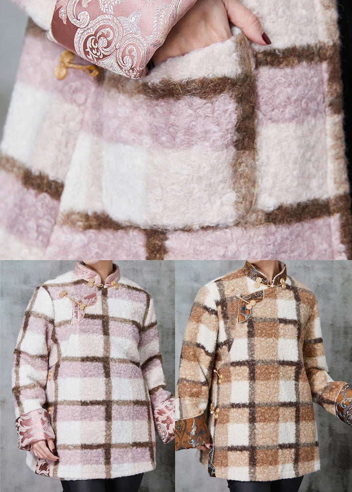 Drune | Pink Plaid Feine Baumwollgefüllte Wolle Chinesischer Stil Mäntel
