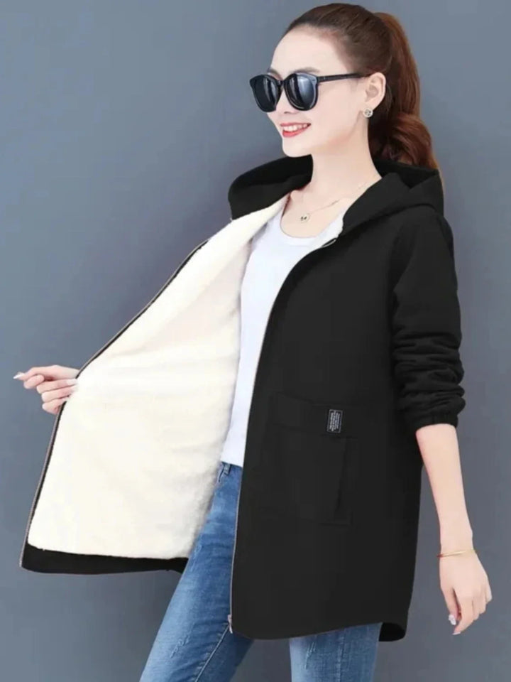 Drune | Kapuzenmantel für Damen - schwarze Freizeitjacke