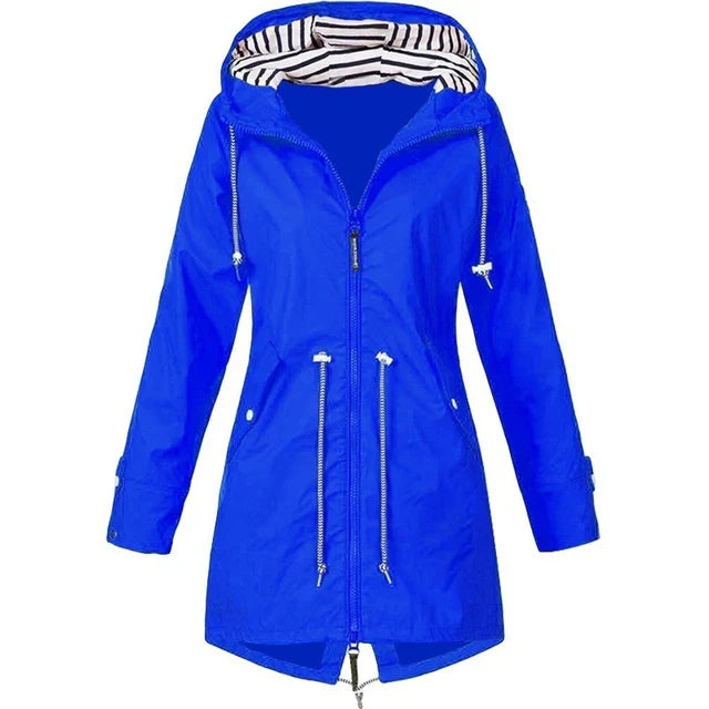 Drune - Damen wasserdichter Hoodie-Trenchcoat mit Taillenkordelzug, Reißverschluss und Außentaschen