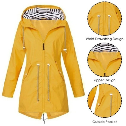 Drune - Damen wasserdichter Hoodie-Trenchcoat mit Taillenkordelzug, Reißverschluss und Außentaschen