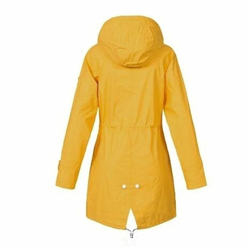 Drune - Damen wasserdichter Hoodie-Trenchcoat mit Taillenkordelzug, Reißverschluss und Außentaschen