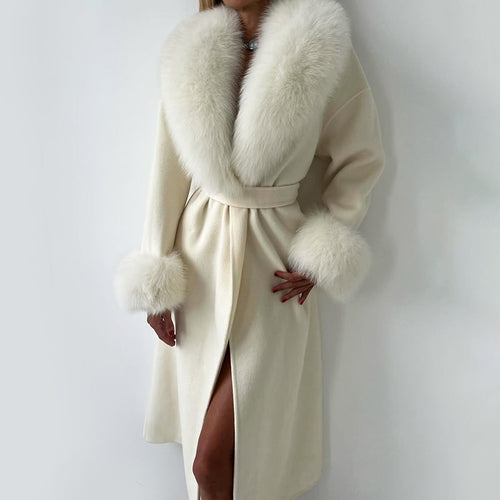 Drune | Wollmischung Gerade Passform Mantel - Gürtelter Pelzkragen Manschettenmantel