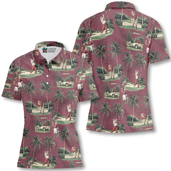 Drune | Damen Bordeauxrot Santa Golf spielend Weihnachts Golf Polo Shirts