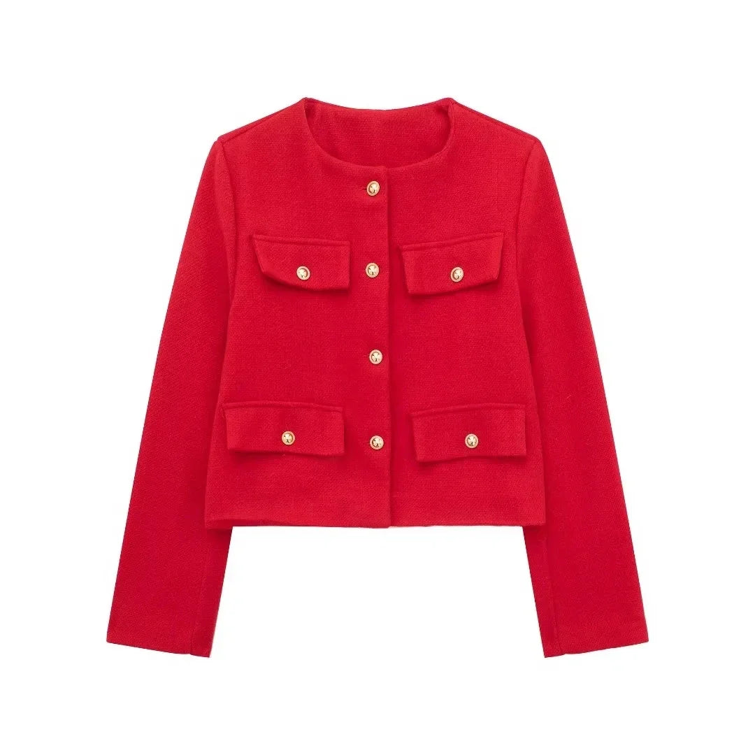 Drune | Kurzgeschnittene Wolljacke Blazer mit Knopf und Taschen Detail