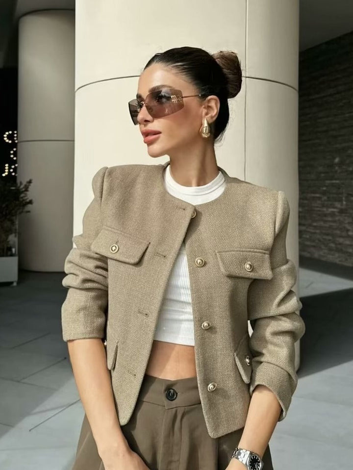 Drune | Kurzgeschnittene Wolljacke Blazer mit Knopf und Taschen Detail