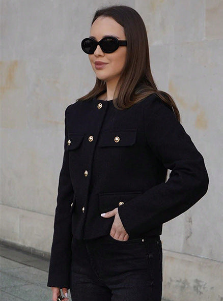 Drune | Kurzgeschnittene Wolljacke Blazer mit Knopf und Taschen Detail