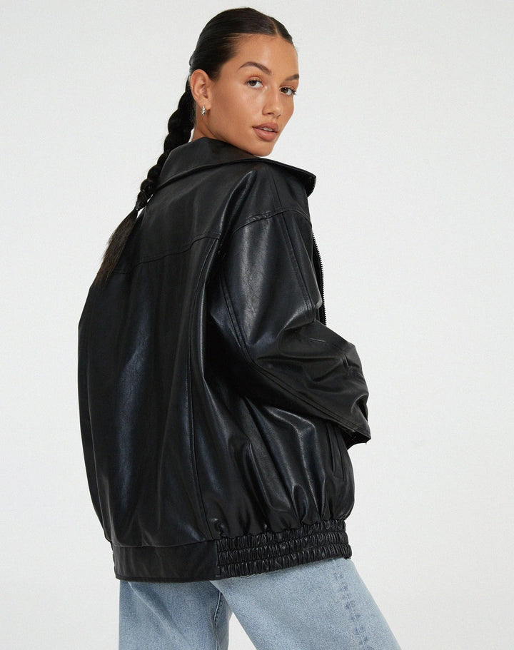Drune | Pu Leder Bomberjacke Übergröße Street Style Zip up