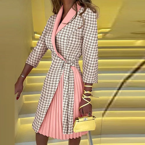 Drune | Hahnentritt Mantelkleid mit Taillenbund und plissiertem Rock - Formelles Drei-Viertel-Ärmelkleid