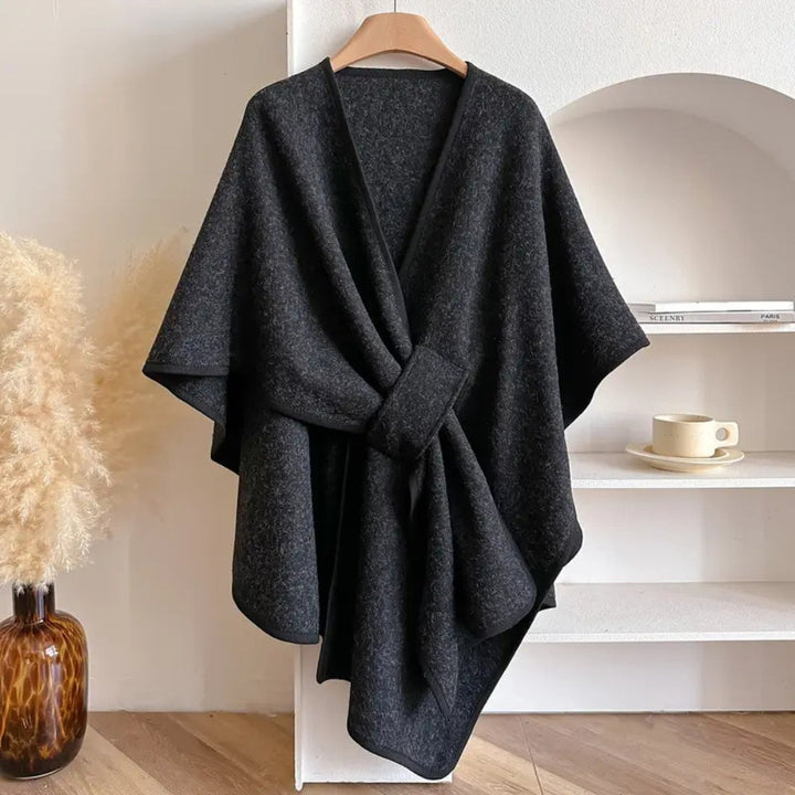 Drune | Woll Poncho Schal Mantel mit Taillienband - Knielanger Drapierter Umhang für stilvolle Wärme