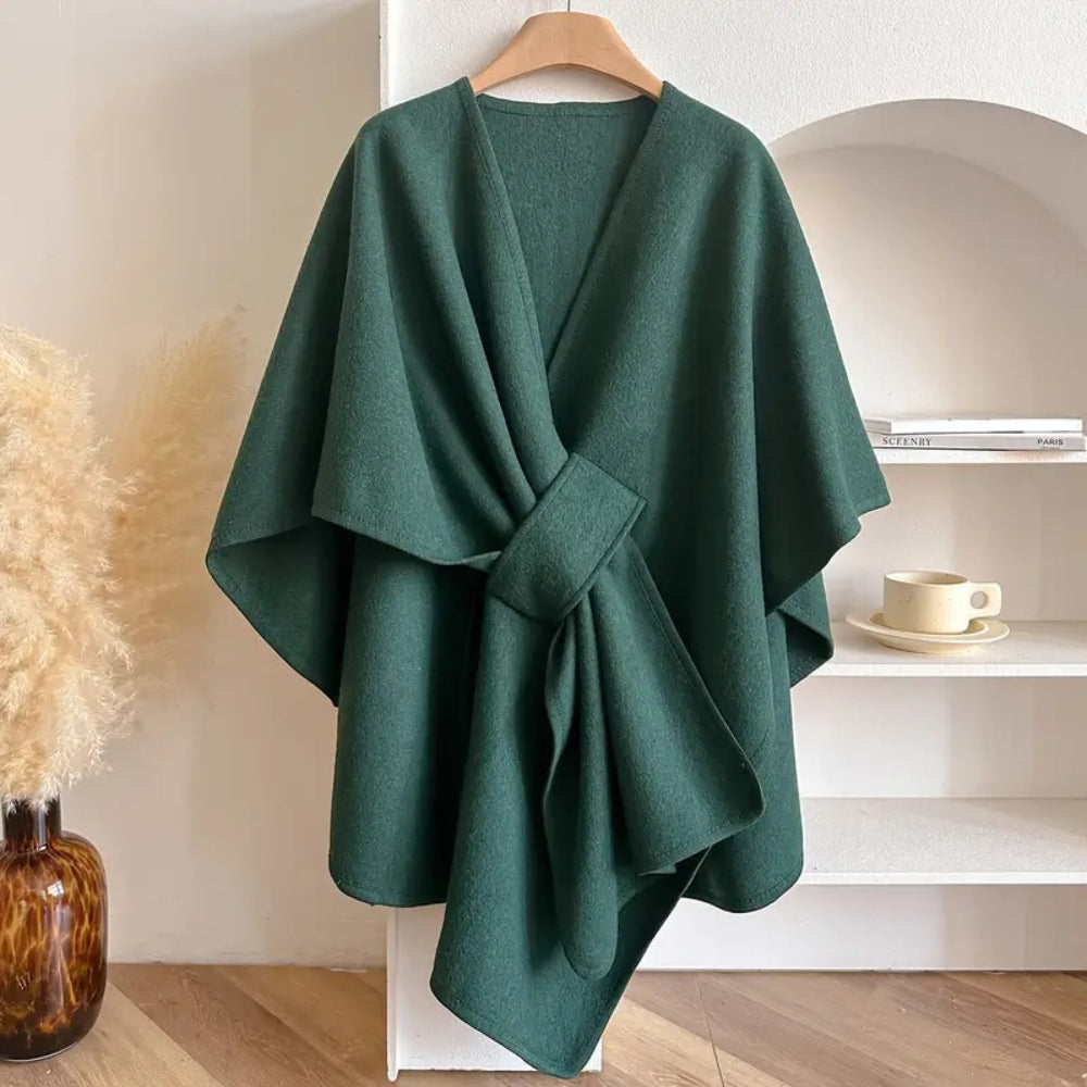 Drune | Woll Poncho Schal Mantel mit Taillienband - Knielanger Drapierter Umhang für stilvolle Wärme