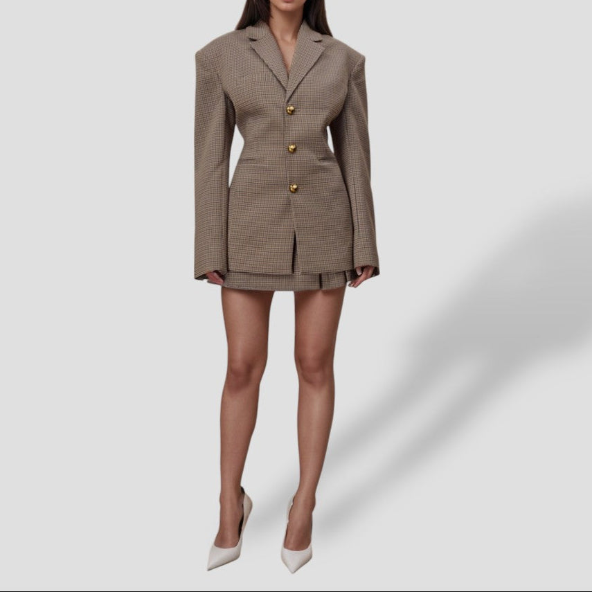 Drune | Brauner Vintage Karierter Blazer mit Goldknöpfen – Langer Mantel