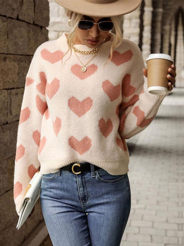 Drune | Pullover - Damen Herbst Freizeit Herzdruck Strickpullover