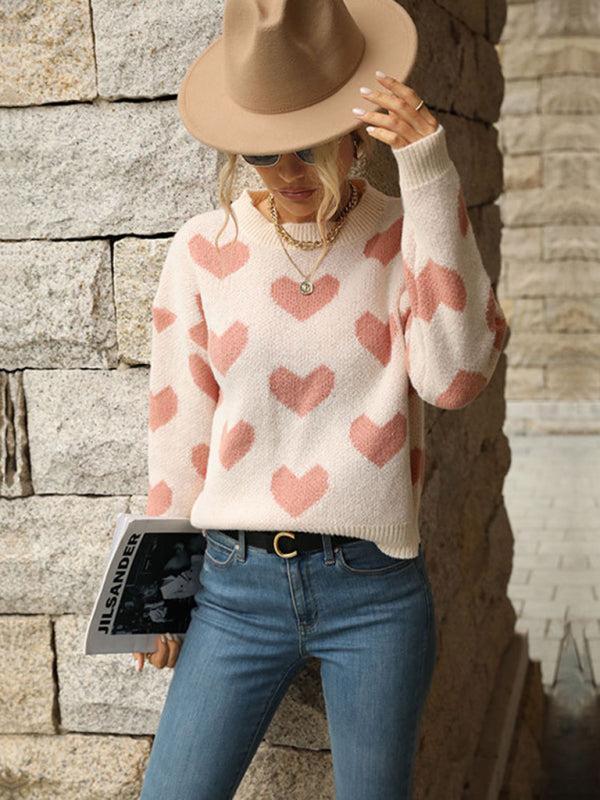 Drune | Pullover - Damen Herbst Freizeit Herzdruck Strickpullover