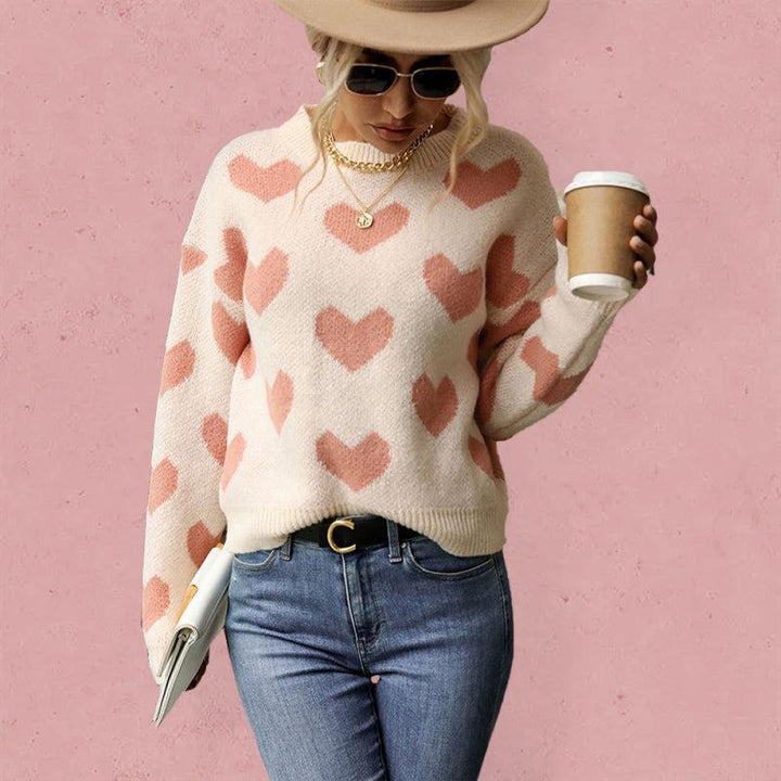 Drune | Pullover - Damen Herbst Freizeit Herzdruck Strickpullover