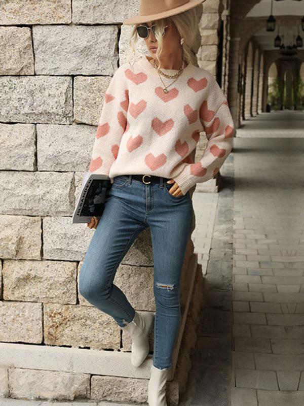 Drune | Pullover - Damen Herbst Freizeit Herzdruck Strickpullover