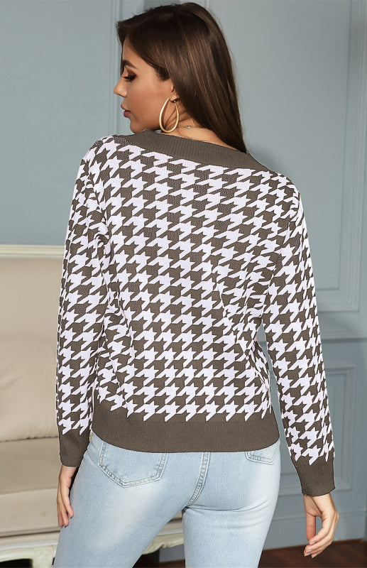 Drune | Pullover - Damen Herbst Tiefer V-Ausschnitt Hundezaun Muster Pullover