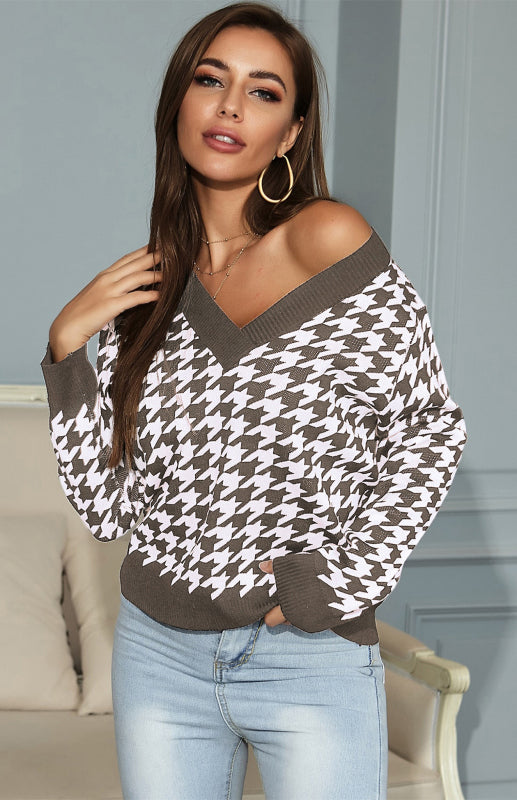 Drune | Pullover - Damen Herbst Tiefer V-Ausschnitt Hundezaun Muster Pullover