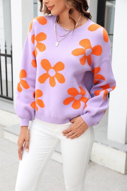 Drune | Pullover - Damen Herbst Floral Druck Lockere Passform Rundhals Pullover
